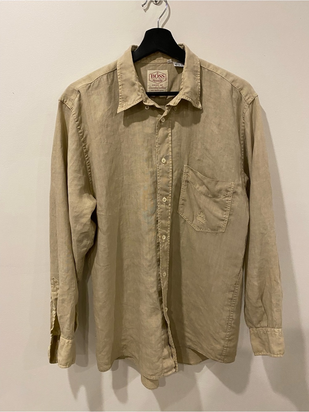Vintage Hugo Boss Linen shirt size large tan button down